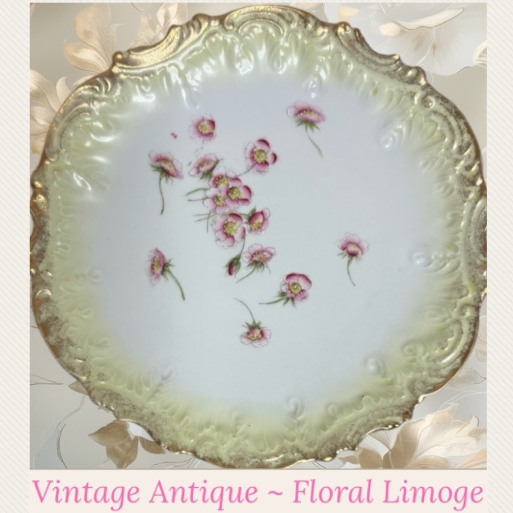 Hand Painted Limoges Vintage Antique Floral Plate Gold Rim Porcelain Pink Roses